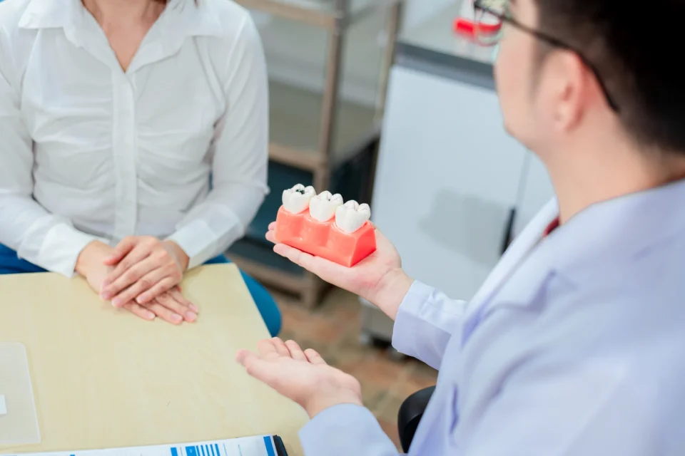 A dentist explaining restorative dentistry treatment using a dental model in Arlington Heights, IL